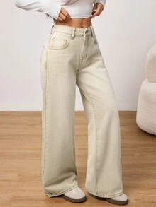 SHEIN PETITE Winter Spring Women's Casual Vacation Washed Vintage Wide Beige Washed Denim Leg Jeans ,Petite Women - Beige - View 9