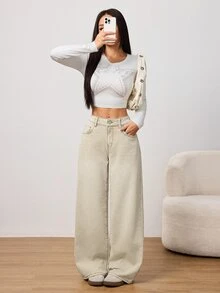 SHEIN PETITE Winter Spring Women's Casual Vacation Washed Vintage Wide Beige Washed Denim Leg Jeans ,Petite Women - Beige - View 10