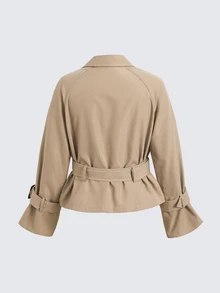 SHEIN 青少年女孩寬鬆休閒兒童收腰優雅短版時尚風衣，適合秋冬 - 卡其色 - 查看 3