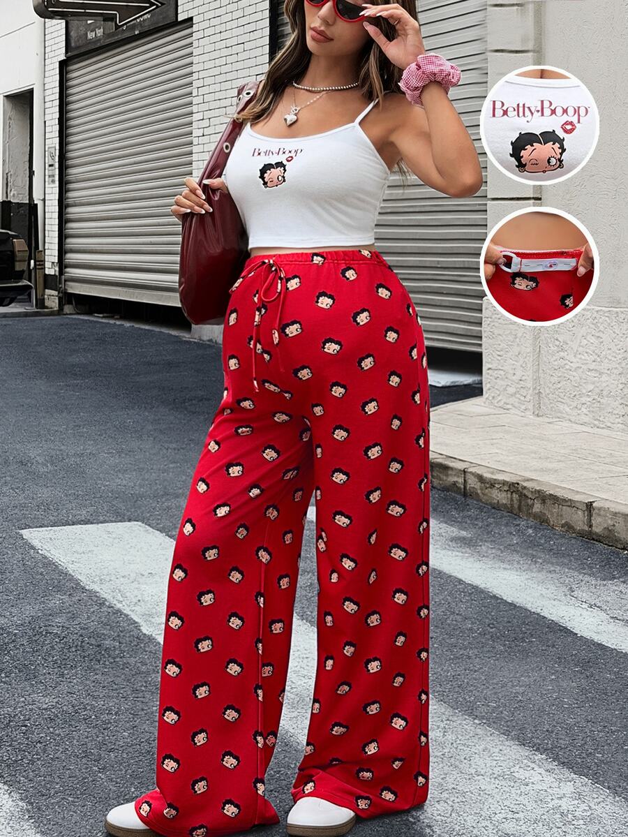 Lyckli Betty Boop x SHEIN Maternity Cartoon Print Cami Top & Long Pants 2 Pieces Set - Multicolor - View 1