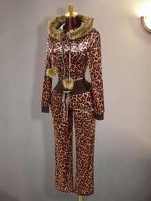 Amplova Women's Leopard Print Rhinestone Glitter Sweatpants Long Pants Sexy Vintage Y2K - Coffee Brown - View 3