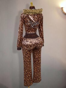 Amplova Women's Leopard Print Rhinestone Glitter Sweatpants Long Pants Sexy Vintage Y2K - Coffee Brown - View 9