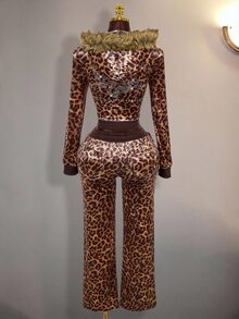 Amplova Women's Leopard Print Rhinestone Glitter Sweatpants Long Pants Sexy Vintage Y2K - Coffee Brown - View 2
