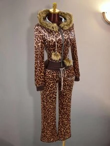 Amplova Women's Leopard Print Rhinestone Glitter Sweatpants Long Pants Sexy Vintage Y2K - Coffee Brown - View 4