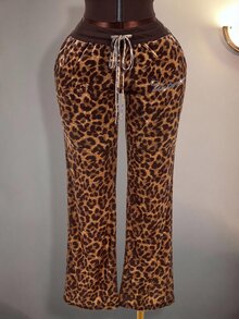 Amplova Women's Leopard Print Rhinestone Glitter Sweatpants Long Pants Sexy Vintage Y2K - Coffee Brown - View 5