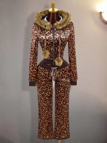 Amplova Women's Leopard Print Rhinestone Glitter Sweatpants Long Pants Sexy Vintage Y2K - Coffee Brown - View 12