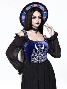 ROMWE Dark Gothic Court Halloween Outfit Church Castle Silver Foil Tight Contrast Color Velvet Women's Vest - Purple - View 7