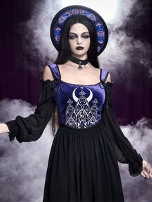 ROMWE Dark Gothic Court Halloween Outfit Church Castle Silver Foil Tight Contrast Color Velvet Women's Vest - Purple - View 11