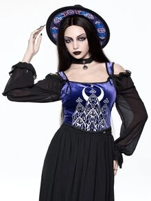 ROMWE Dark Gothic Court Halloween Outfit Church Castle Silver Foil Tight Contrast Color Velvet Women's Vest - Purple - View 6