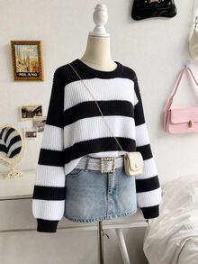SHEIN Teen GirlBlack And White Striped Crew Neck Pullover Long Sleeve Sweater, Suitable For Autumn And Winter Layering With Outerwear - Black and White - View 4