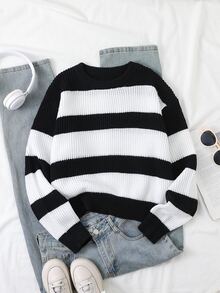 SHEIN Teen GirlBlack And White Striped Crew Neck Pullover Long Sleeve Sweater, Suitable For Autumn And Winter Layering With Outerwear - Black and White - View 8