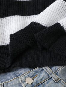 SHEIN Teen GirlBlack And White Striped Crew Neck Pullover Long Sleeve Sweater, Suitable For Autumn And Winter Layering With Outerwear - Black and White - View 9