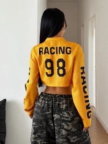 StreetHx 女款街頭風運動機車風短版寬鬆夾克，日常通勤夜行，金黃色，秋季 - 黃色 - 查看 2