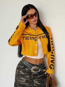 StreetHx 女款街頭風運動機車風短版寬鬆夾克，日常通勤夜行，金黃色，秋季 - 黃色 - 查看 8