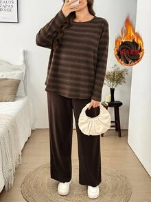 Easowa Curve Plus Size Comfortable Striped Long Sleeve Top And Pants 2 Pieces Set - Multicolor - View 8