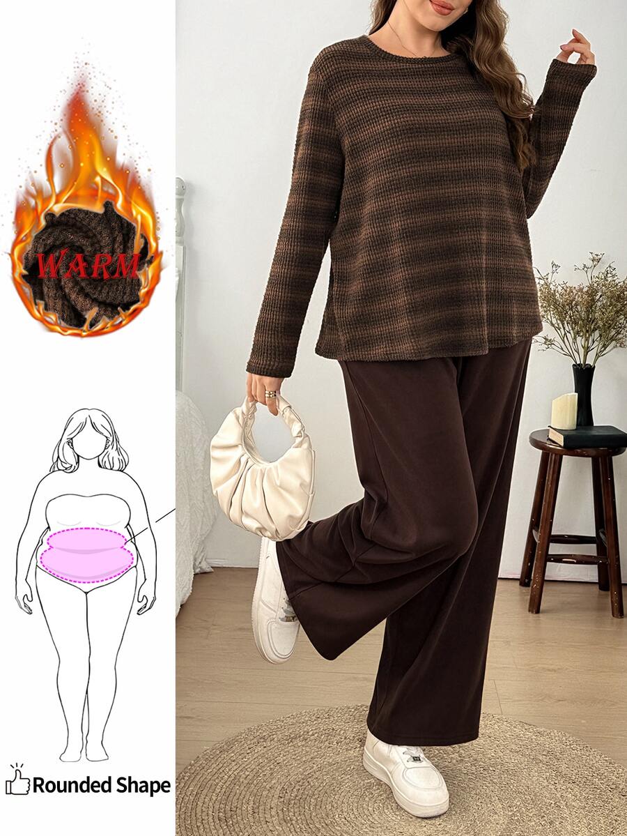 Easowa Curve Plus Size Comfortable Striped Long Sleeve Top And Pants 2 Pieces Set Fall