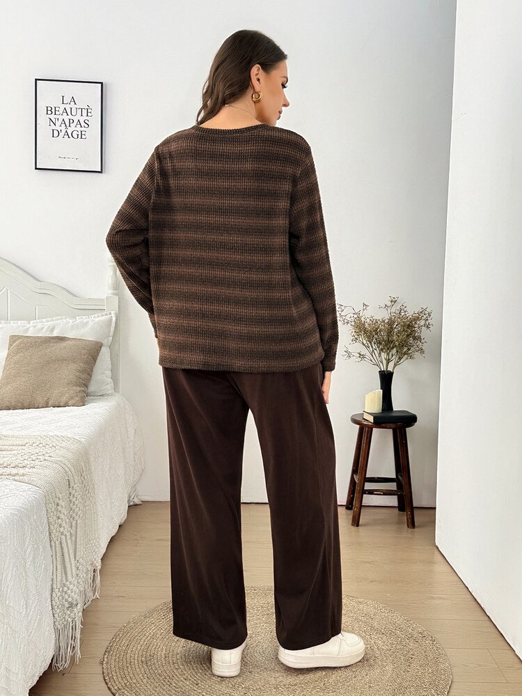 Easowa Curve Plus Size Comfortable Striped Long Sleeve Top And Pants 2 Pieces Set Fall - Multicolor - View 2