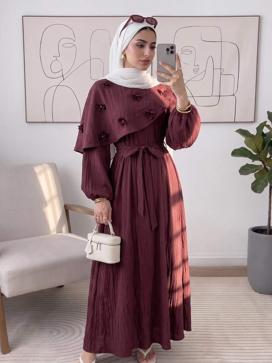 Solavon فستان نسائي أنيق بنسيج مزخرف مع زينة زهرية ثلاثية الأبعاد - الأحمر - مشاهدة 1