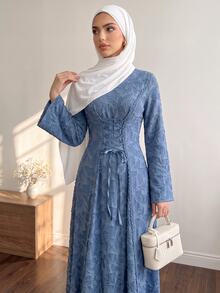 Solavon Women's Jacquard Tie-Up Design Casual Party Long Dress - Blue - View 3