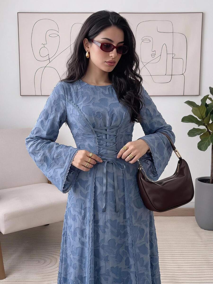 Solavon Women's Jacquard Tie-Up Design Casual Party Long Dress - Blue - View 1