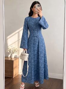 Solavon Women's Jacquard Tie-Up Design Casual Party Long Dress - Blue - View 6
