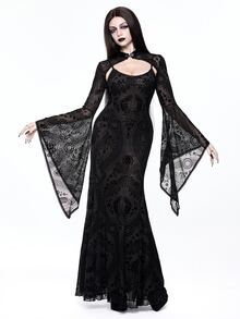 ROMWE Dark Gothic Halloween Party Outfit Cropped Velvet Bell Sleeve Camisole & Spaghetti Strap Dress - Black - View 6