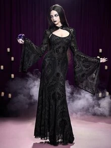 ROMWE Dark Gothic Halloween Party Outfit Cropped Velvet Bell Sleeve Camisole & Spaghetti Strap Dress - Black - View 8