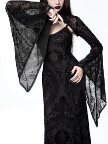 ROMWE Dark Gothic Halloween Party Outfit Cropped Velvet Bell Sleeve Camisole & Spaghetti Strap Dress - Black - View 1