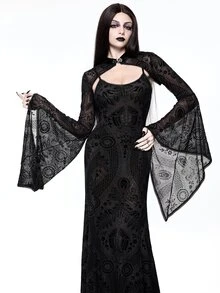 ROMWE Dark Gothic Halloween Party Outfit Cropped Velvet Bell Sleeve Camisole & Spaghetti Strap Dress - Black - View 7