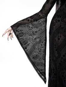 ROMWE Dark Gothic Halloween Party Outfit Cropped Velvet Bell Sleeve Camisole & Spaghetti Strap Dress - Black - View 3