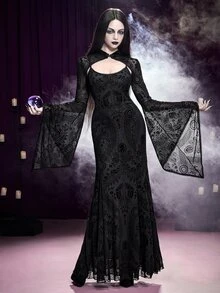 ROMWE Dark Gothic Halloween Party Outfit Cropped Velvet Bell Sleeve Camisole & Spaghetti Strap Dress - Black - View 5