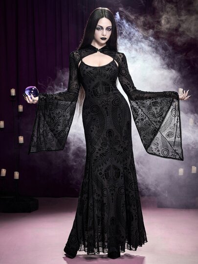 Dark Gothic Halloween Party Outfit Cropped Velvet Bell Sleeve Camisole & Spaghetti Strap Dress