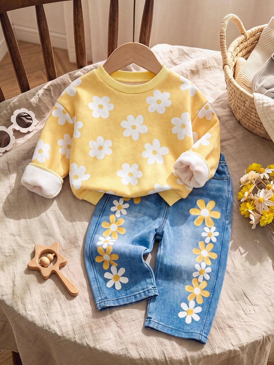 SHEIN Baby Girl Knitted Floral Pattern Crew Neck Casual Cute Sweatshirt Long Pants 2 Pieces Set Family Matching Pastel Yellow Blue And Yellow Autumn - Multicolor - View 1