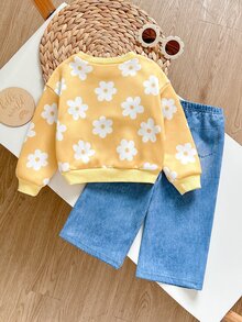 SHEIN Baby Girl Knitted Floral Pattern Crew Neck Casual Cute Sweatshirt Long Pants 2 Pieces Set Family Matching Pastel Yellow Blue And Yellow Autumn - Multicolor - View 2