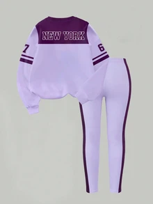 SHEIN Girls Fashion New York 67 Badge Five-Point Star Striped Purple Color Block Pattern Basic Crew Neck Sweatshirt & Leggings 2-Piece Set Autumn Fall - Multicolor - View 2