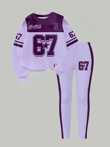 SHEIN Girls Fashion New York 67 Badge Five-Point Star Striped Purple Color Block Pattern Basic Crew Neck Sweatshirt & Leggings 2-Piece Set Autumn Fall - Multicolor - View 4