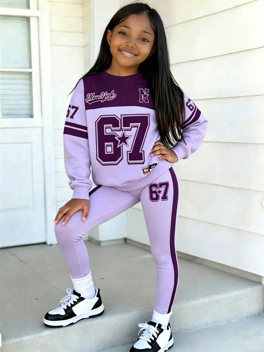 SHEIN Girls Fashion New York 67 Badge Five-Point Star Striped Purple Color Block Pattern Basic Crew Neck Sweatshirt & Leggings 2-Piece Set Autumn Fall - Multicolor - View 1