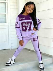 SHEIN Girls Fashion New York 67 Badge Five-Point Star Striped Purple Color Block Pattern Basic Crew Neck Sweatshirt & Leggings 2-Piece Set Autumn Fall - Multicolor - View 3