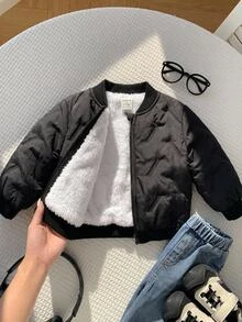 SHEIN 中性嬰兒男孩/女孩、幼兒秋冬保暖內裡加厚黑色夾克、飛行員夾克、保暖、加厚 - 黑色 - 查看 3