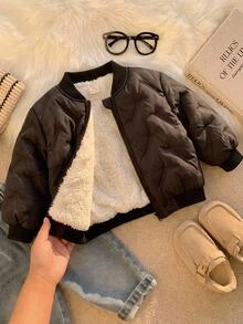 SHEIN 中性嬰兒男孩/女孩、幼兒秋冬保暖內裡加厚黑色夾克、飛行員夾克、保暖、加厚 - 黑色 - 查看 5