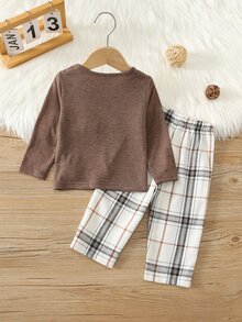SHEIN 中性嬰兒男/女童、幼兒 2 件組秋冬休閒可愛親子標語印花睡衣套裝居家服，嬰兒睡衣 - 摩卡棕 - 查看 3