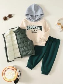 SHEIN 中性嬰兒男/女童、幼兒 3 件套秋冬保暖內裡加厚休閒學院風拼色拼接衛衣套裝與背心填充外套套裝，嬰兒冬季衣物，聖誕節 - 綠色 - 查看 8