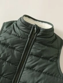 SHEIN 中性嬰兒男/女童、幼兒 3 件套秋冬保暖內裡加厚休閒學院風拼色拼接衛衣套裝與背心填充外套套裝，嬰兒冬季衣物，聖誕節 - 綠色 - 查看 6