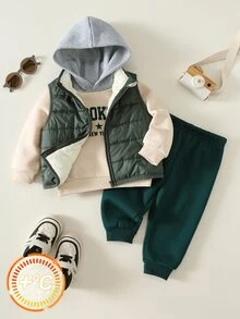 SHEIN 中性嬰兒男/女童、幼兒 3 件套秋冬保暖內裡加厚休閒學院風拼色拼接衛衣套裝與背心填充外套套裝，嬰兒冬季衣物，聖誕節 - 綠色 - 查看 7