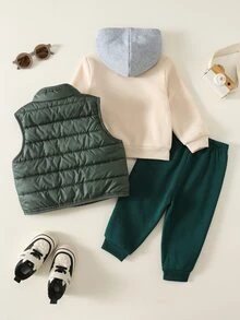 SHEIN 中性嬰兒男/女童、幼兒 3 件套秋冬保暖內裡加厚休閒學院風拼色拼接衛衣套裝與背心填充外套套裝，嬰兒冬季衣物，聖誕節 - 綠色 - 查看 2