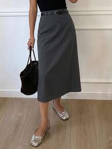 DAZY Women's Solid Color Slit Skirt,Pencil Skirt School - Grey - View 13