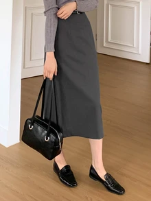 DAZY Women's Solid Color Slit Skirt,Pencil Skirt School - Grey - View 4