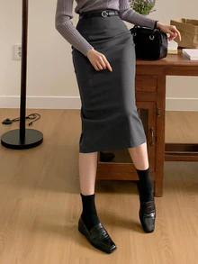 DAZY Women's Solid Color Slit Skirt,Pencil Skirt School - Grey - View 5