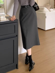 DAZY Women's Solid Color Slit Skirt,Pencil Skirt School - Grey - View 14