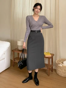 DAZY Women's Solid Color Slit Skirt,Pencil Skirt School - Grey - View 7